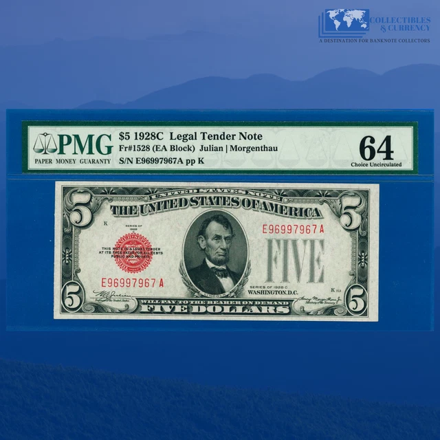 Fr.1528 1928C $5 Five Dollar Legal Tender Note E/A Block, PMG 64 #97967