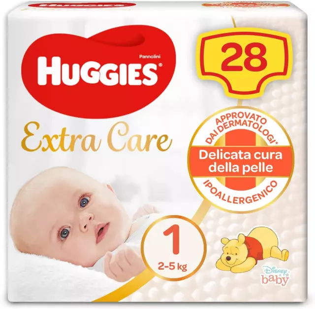 Huggies Pannolini Extra Care Bebè, Taglia 1 (2-5Kg), Confezione Da 28 Pannolini