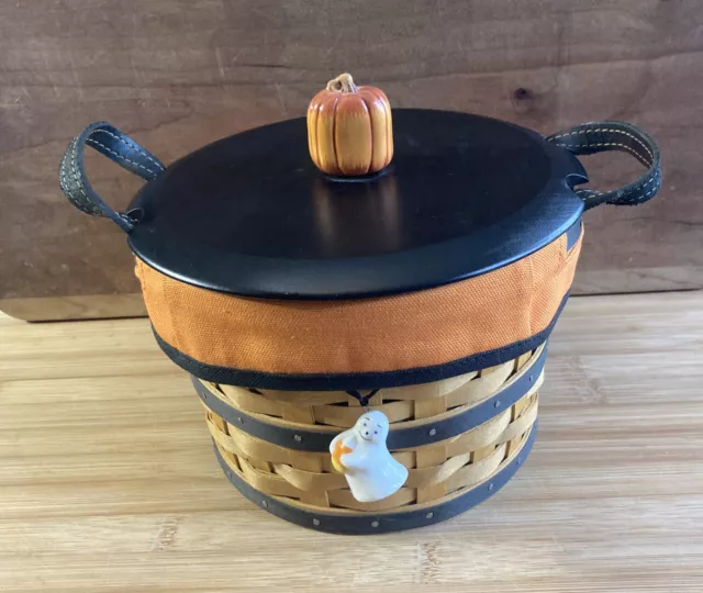 Longaberger 2005 Pumpkin Small Bushel Basket Lid Liner Halloween Boo Ghost Tie