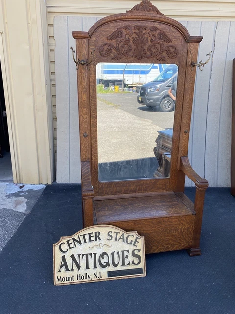 63243 Antique Victorian Oak Hall Seat Hat Rack w/ Lion Faces