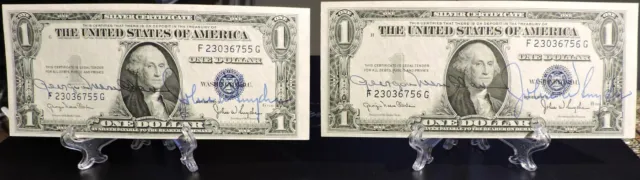 (2) Seq $1 1935-D N Silver Certificates Dual Courtesy Autographs Clark/Snyder CU