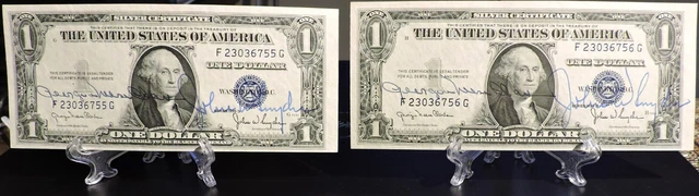 (2) Seq $1 1935-D N Silver Certificates Dual Courtesy Autographs Clark/Snyder CU