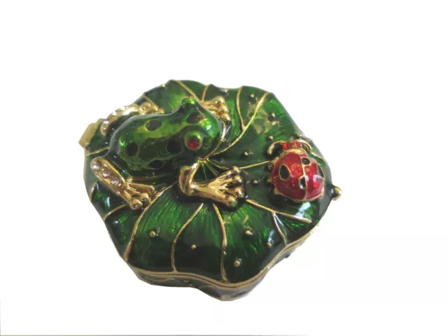 Bejeweled Frog & ladybug on Lotus leaf Hinged Metal Enameled Crystal Trinket box