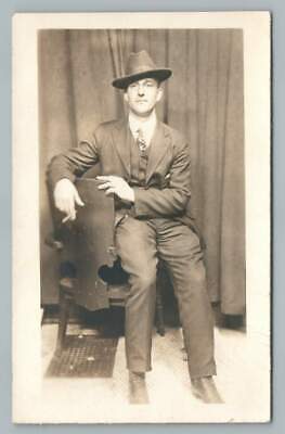 Handsome Cigarette Smoking Man RPPC Antique Studio Photo Postcard 1919