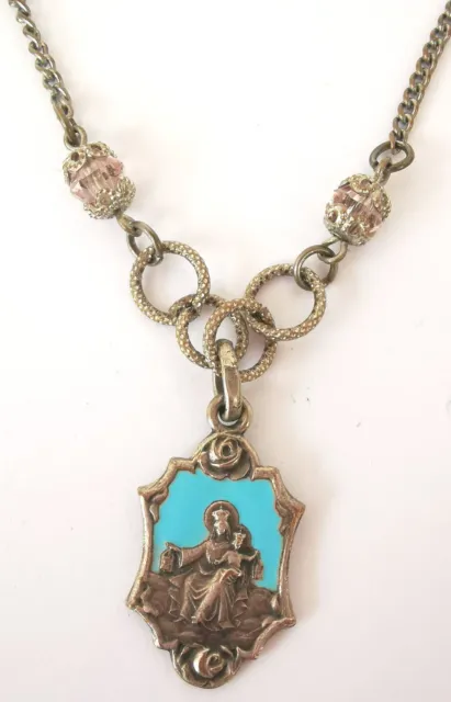 Vtg Blue Enamel Virgin Mary Catholic Medal Chain Necklace Sacred Heart Jesus