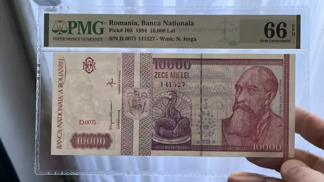 Romanian, Rumänien pick 105, 10000 Lei 1994, N.Iorga, BNR, PMG 66EPQ