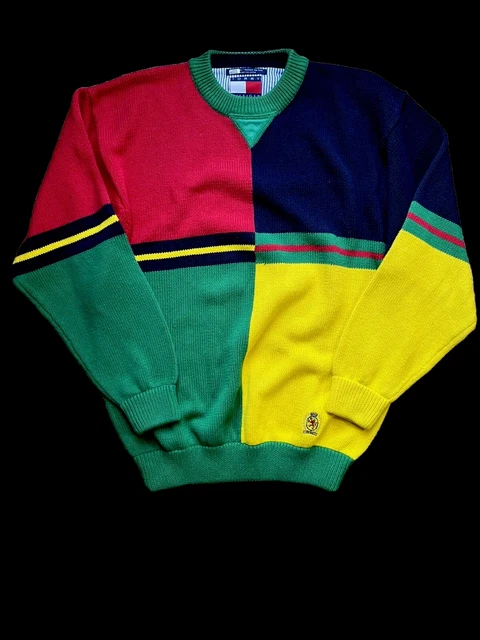 VINTAGE Tommy Hilfiger Knit Sweater Medium Striped Color Block Crest Mens 90s