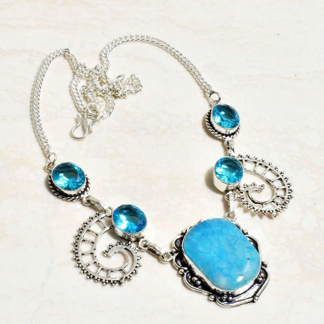 Solar Agate Blue Topaz Gemstone Ethnic Handmade Necklace Jewelry 30 Gms AN 22235