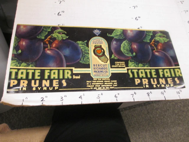 STATE FAIR prunes 1930s metal tin can food paper label Bercut Richards