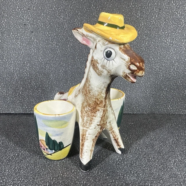 Vintage Ceramic Donkey Toothpick Holder With 2 Baskets Wearing Hat