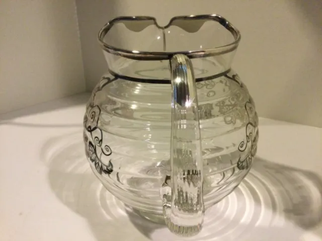 Vintage Beautiful Glass Pitcher With Sterling Silver Overlay