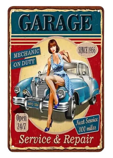 GARAGE Mechanic On Duty Pin Up Gal Vintage Car REPRODUCTION METAL SIGN, 12" x 8"