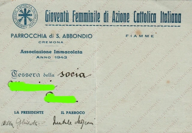 1943 Cremona Azione Cattolica gioventù femminile Parrocchia S. Abbondio Tessera