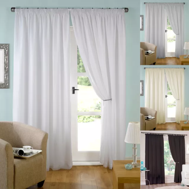 Lined Voile Curtains Pair of Ready Made Pencil Pleat 3" Tape Top.Various Colours