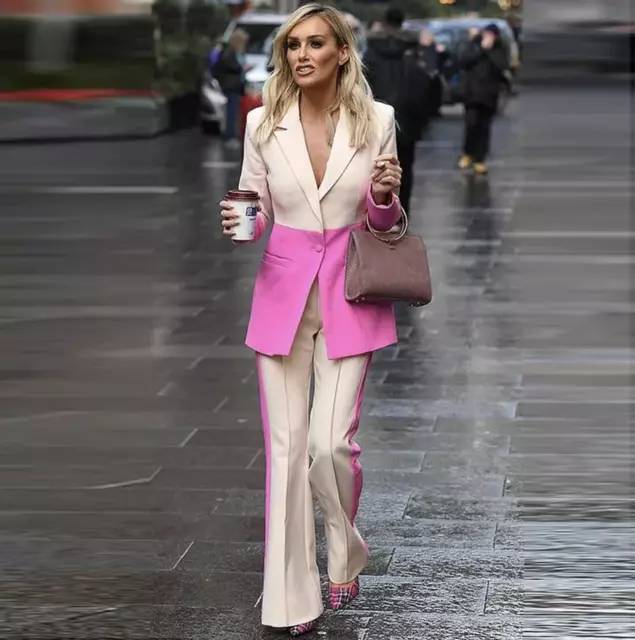 Donna Design Ispirato Rosa Acceso Beige Chiaro Giacca + Pantaloni a Zampa Suit