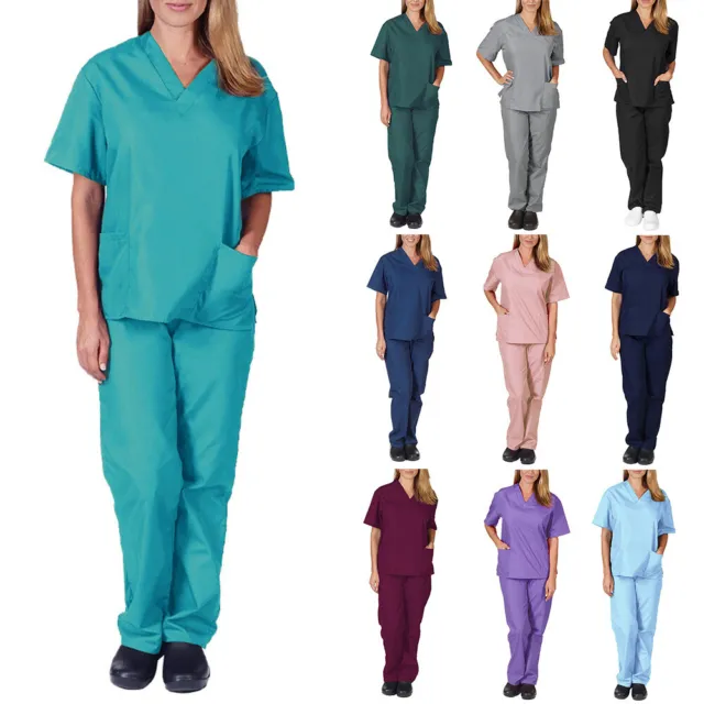 2Pcs/Set Unisex Stretch Medical Uniform Scrub Sets Men V-Neck Top & Jogger Pant