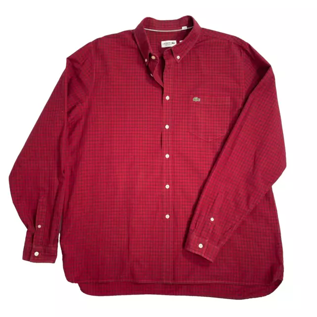 LACOSTE Gingham Check Oxford Long Sleeve Button Shirt Regular Fit Red, men’s 2XL