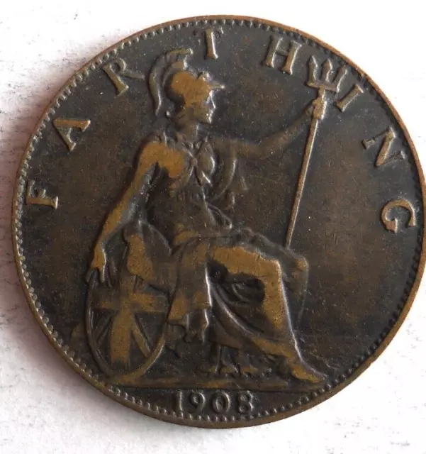 1908 GREAT BRITAIN FARTHING - Excellent Coin - FREE SHIP - Bin #138