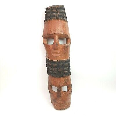 Old Wooden Tribal Double Face Totem Mask Hand Carved Wood Folk Art Wall Hanging