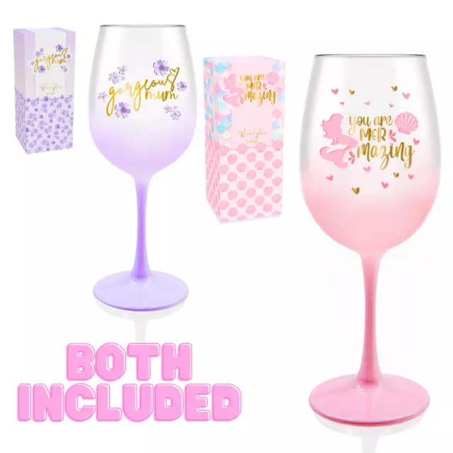 2x 330ml Mother's Day Wine Glass Decorated Painted Mermaid Glass Gift Box