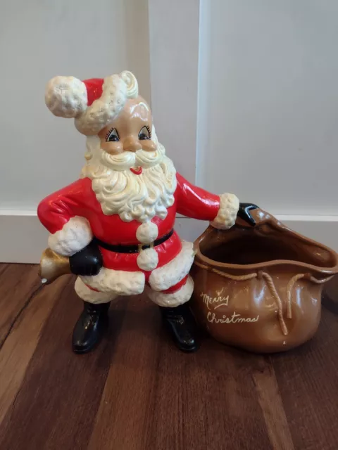 Vintage Christmas Santa Ceramic Bag & Bell Hand painted Atlantic Mold Planter