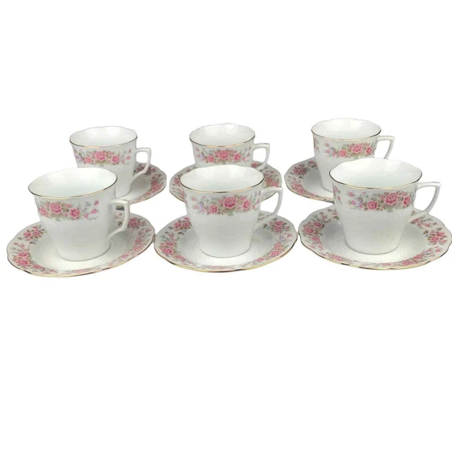 Remington Fine China By Red Sea Tea Cups & Saucers Set Of 6 Pink Roses Gold Trim