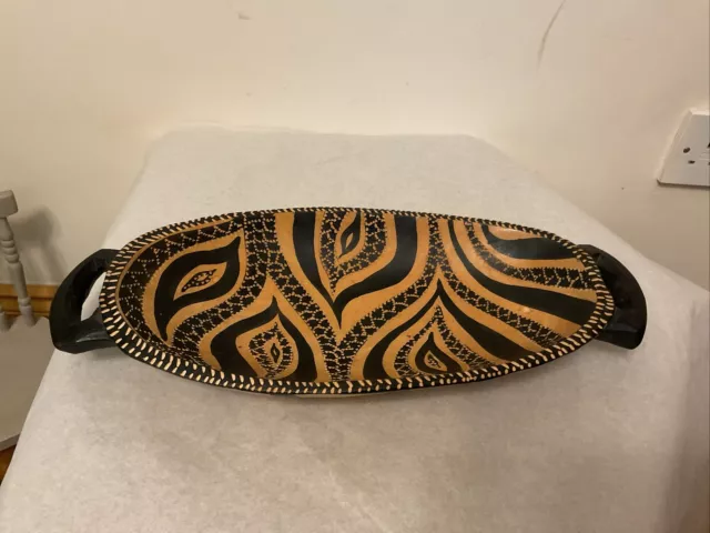 Hand Made Carved Wooden Kenya African Safari Zebra Pattern Bowl Oblong Dish