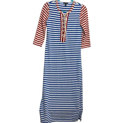 J Crew Nautical Baltic Maxi Midi Dress Patriotic Lace Up Front Red Blue XS NICE