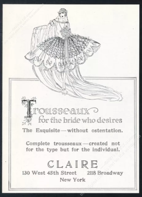 1921 Wedding dress bridal trousseau art Claire NYC fashion vintage print ad