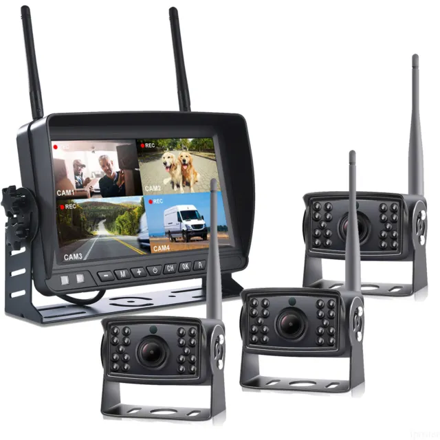 Digital Wireless 7'' Quad DVR Monitor 3x 1080P Backup Camera Truck Trailer Semi