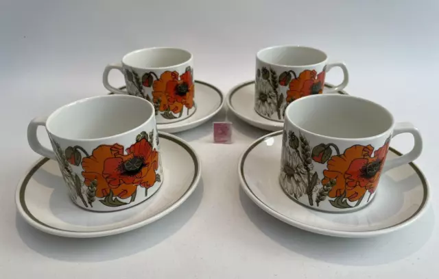 J & G Meakin Studio Poppy 4 Cups and Saucers Vintage 1970's Retro