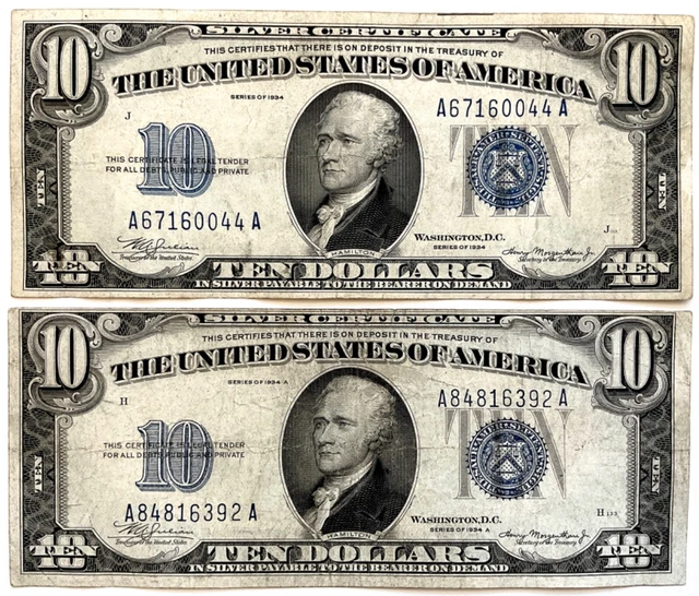 $10 Silver Certificate (Small), Series 1934 & 1934 A (Blue Seal) Fr#1701-1702