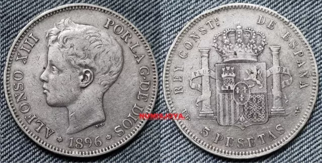 BEAUTIFUL 5 pesetas SILVER COIN of Alfonso XIII 1896*1896 PG V. Weight 24.94 gr.