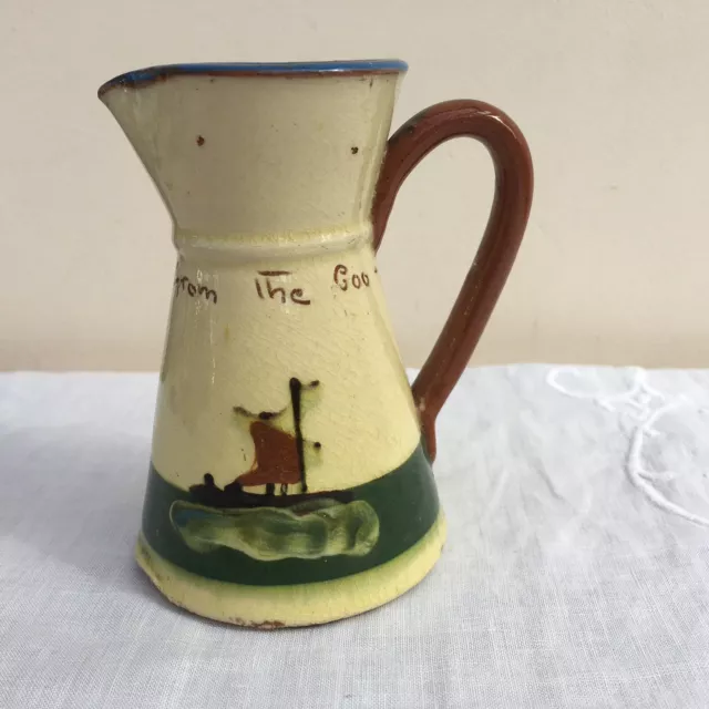 Antique Devon Torquay Motto Ware Jug Brown Sailing Ship 'Straight from the Coo'