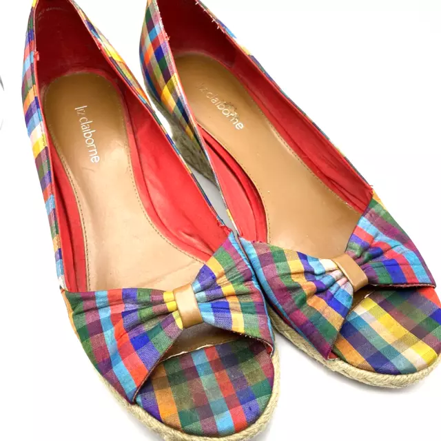 Liz Claiborne Poppy Plaid Espadrille Wedges Women’s Size 8 Purple Blue Pink Red