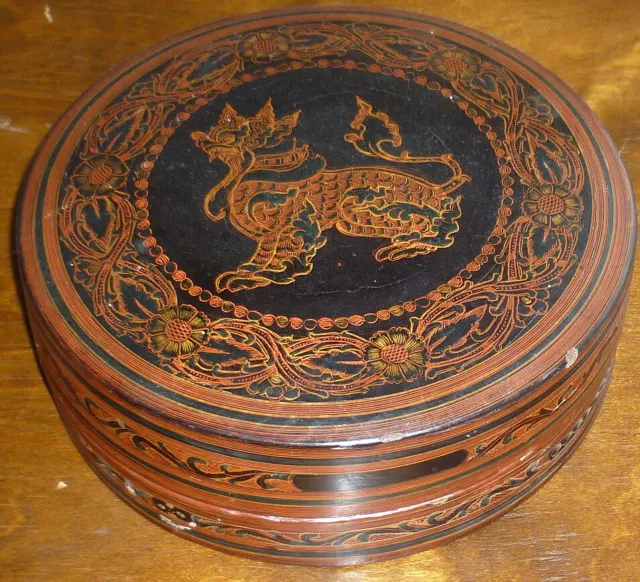 Antique Asian * Oriental Painted Signed Round Lidded Box Dragon & Floral Design