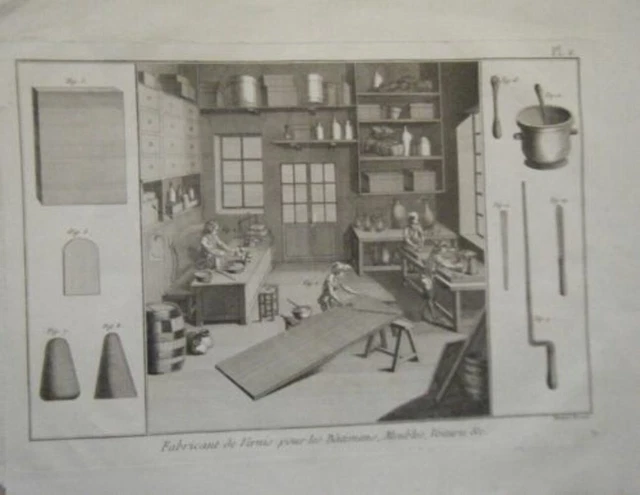 GRAVURE 18ème d' EPOQUE FABRICANT DE VERNIS POUR BATIMENTS MEUBLES VOITURES
