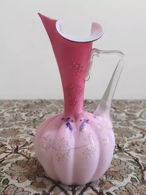Antique Victorian Enamelled Pink Opaline Milk Satin Glass Ewer Jug Vase - 21 cm