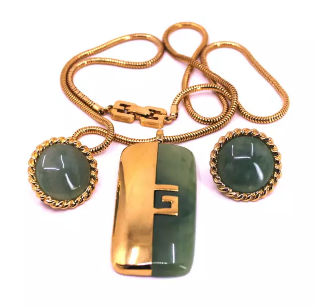 Givenchy Green & Gold Lucite Pendant Necklace, & Earrings Set