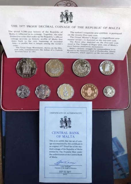 Malta 1977 Decimal Proof 9 Coin Collection Set by Franklin Mint ~ COA Info Cased