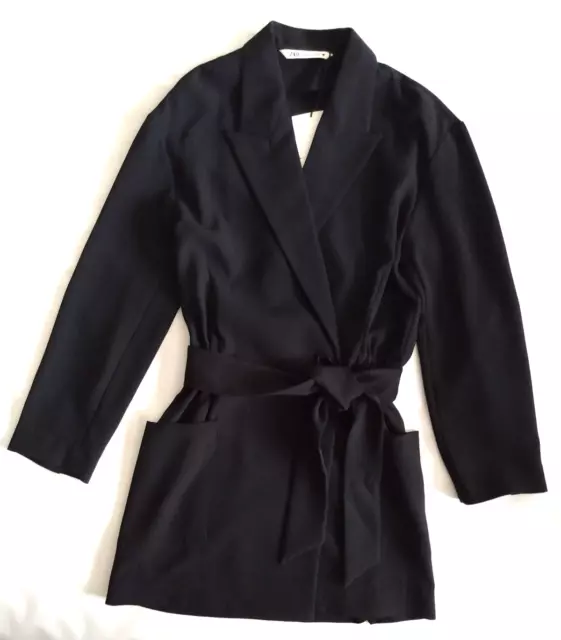 NWT Zara Womens Size XS Black Double Breasted Elastic Waist w/ Tie Jacket Coat