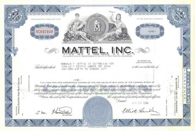 Mattel, Inc - Famous Toy Company - Blue Color Stock Certificate - Very Rare - Ge