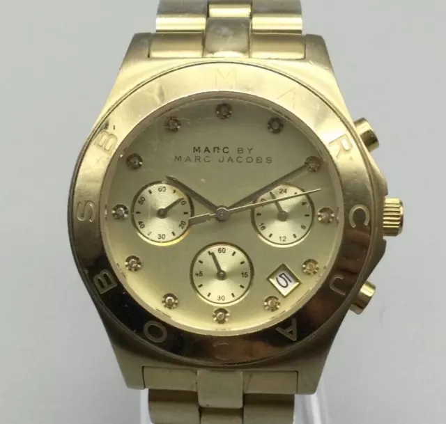 Marc by Marc Jacobs Blade Chronograph Watch Women Gold Tone New Battery 7"