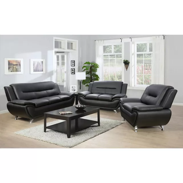 NEW Black Leather Gel 3PC Sofa Set Contemporary Modern Living Room Furniture