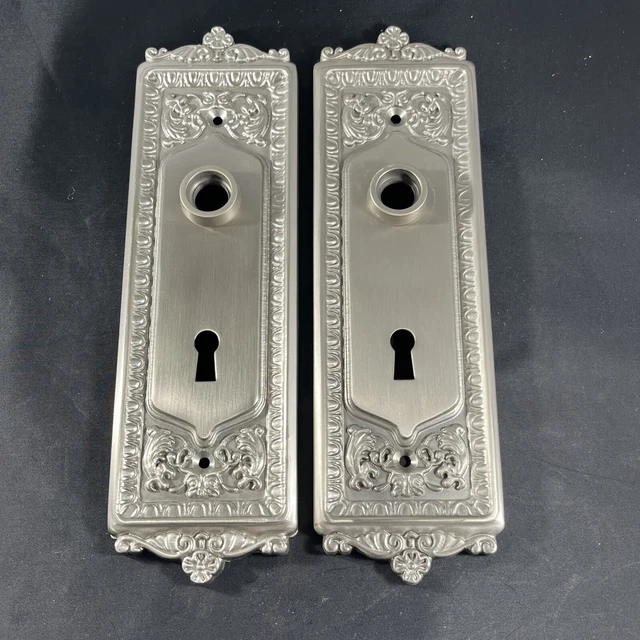 Pewter Over Brass Vintage Door Knob Back Plates Egg/Dart Ornate Set Of 2 Keyhole