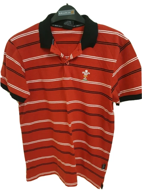 Welsh Rugby Polo Shirt men Red and White Striped 100% Cotton UK Size Medium Used