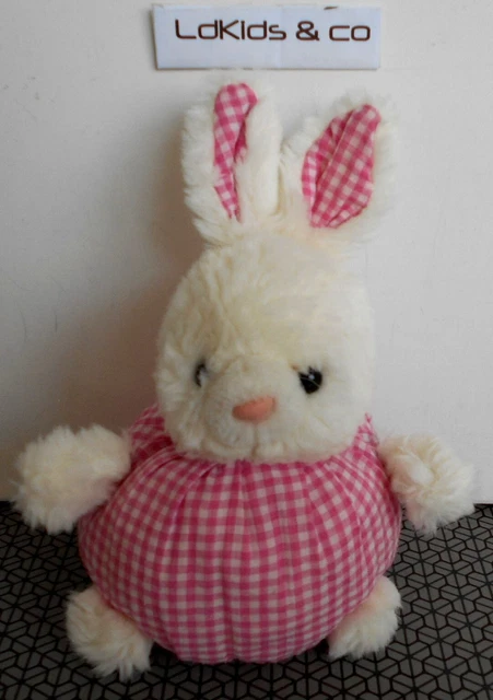 DOUDOU PELUCHE Vintage PAMPERS LAPIN BOULE BLANC ROSE VICHY CARREAUX  24cm D1512