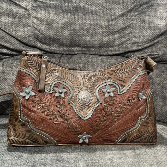 American West Desert WildFlower Texas Tooled Genuine Leather Handbag Purse