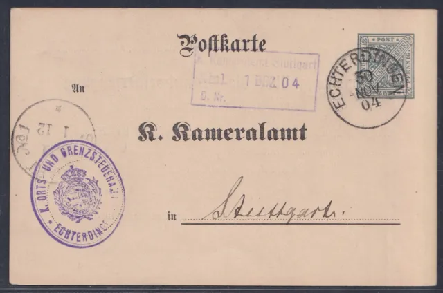 52501) Ganzsache Behörden-Postkarte Mi.-Nr. DPB 1a Kameralamt ECHTERDINGEN 1904