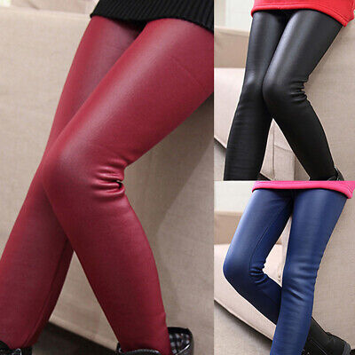 Kids Girls PU Leather Leggings Pants Winter Thermal Fleece Lined Thick Trousers